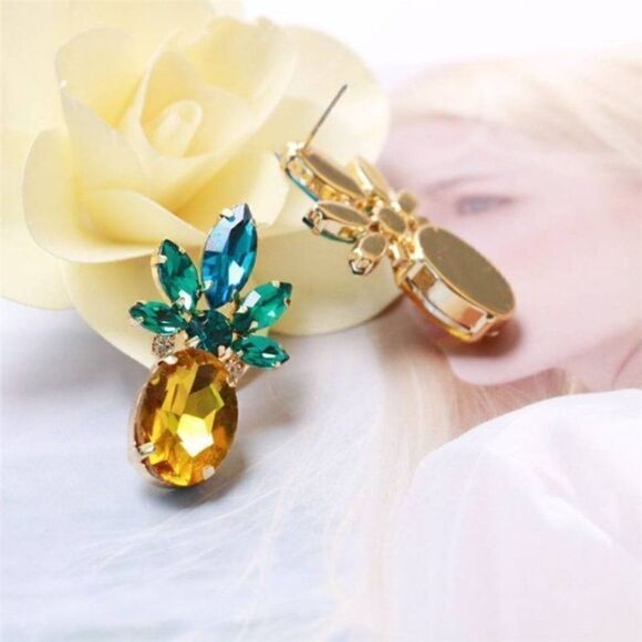 Pineapple Green Yellow Crystal Earrings - Picture 2 of 7